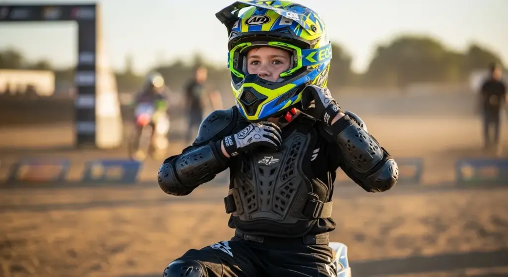 Beginner dirt bike rider putting on helmet and gear before training