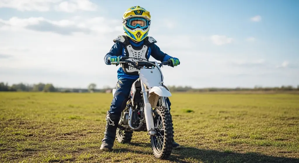 Beginner learning dirt bike basics outdoors with full safety gear.
