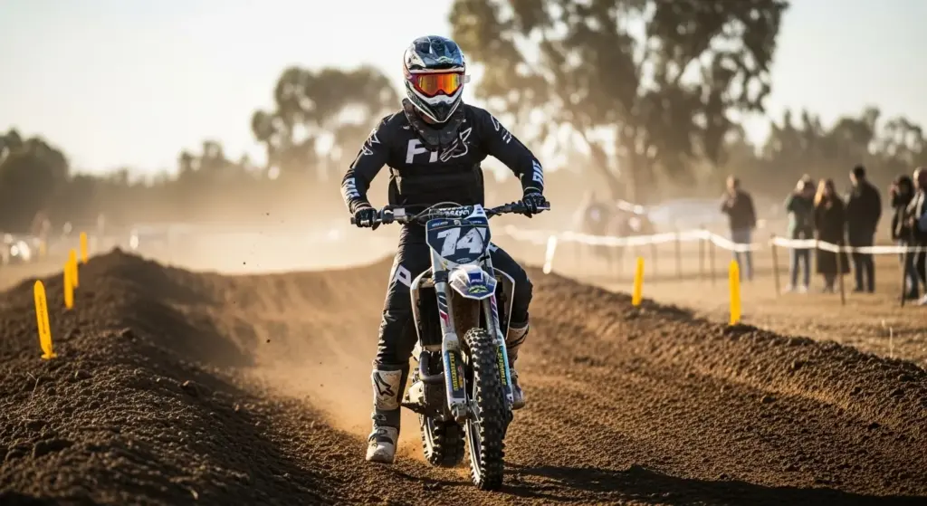 Beginner practicing off road balance on electric dirt bike
