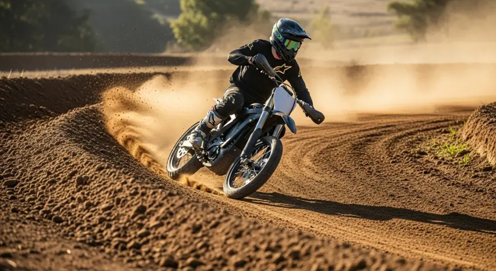 Beginner rider cornering electric dirt bike on open trail