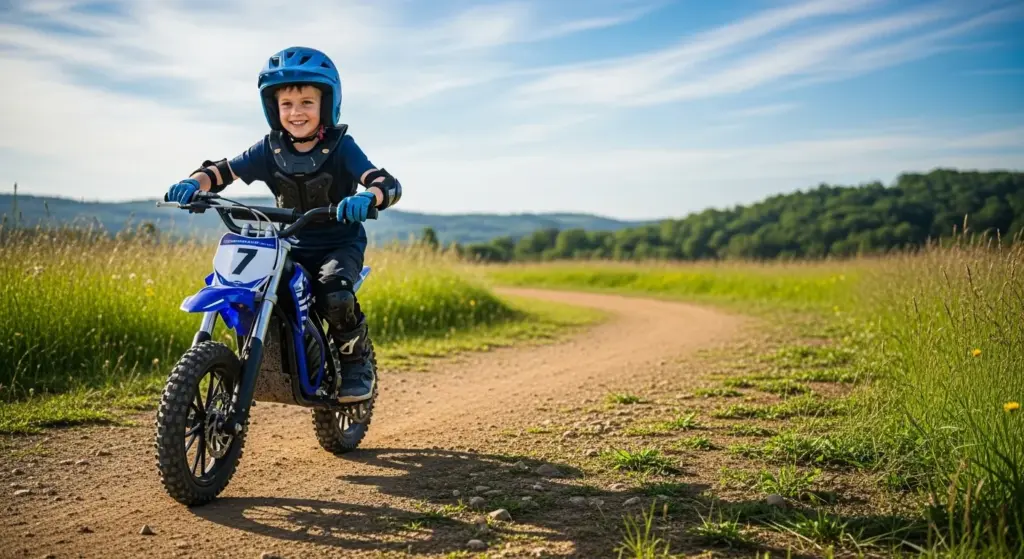 Beginner rider learning electric dirt bike basics outdoors