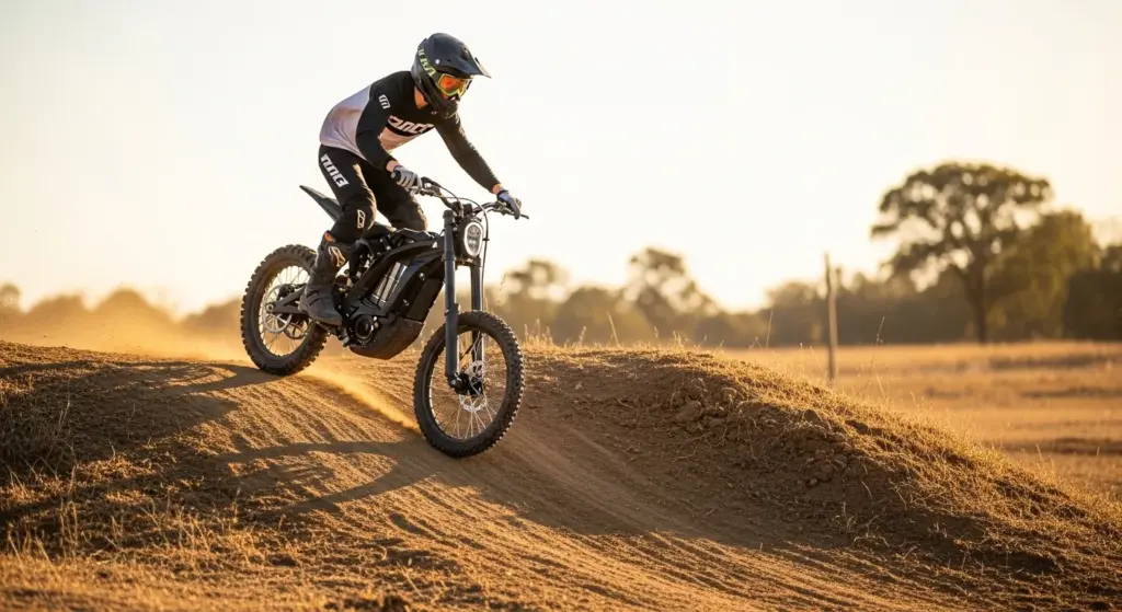 Beginner rider practicing hill climb on electric dirt bike