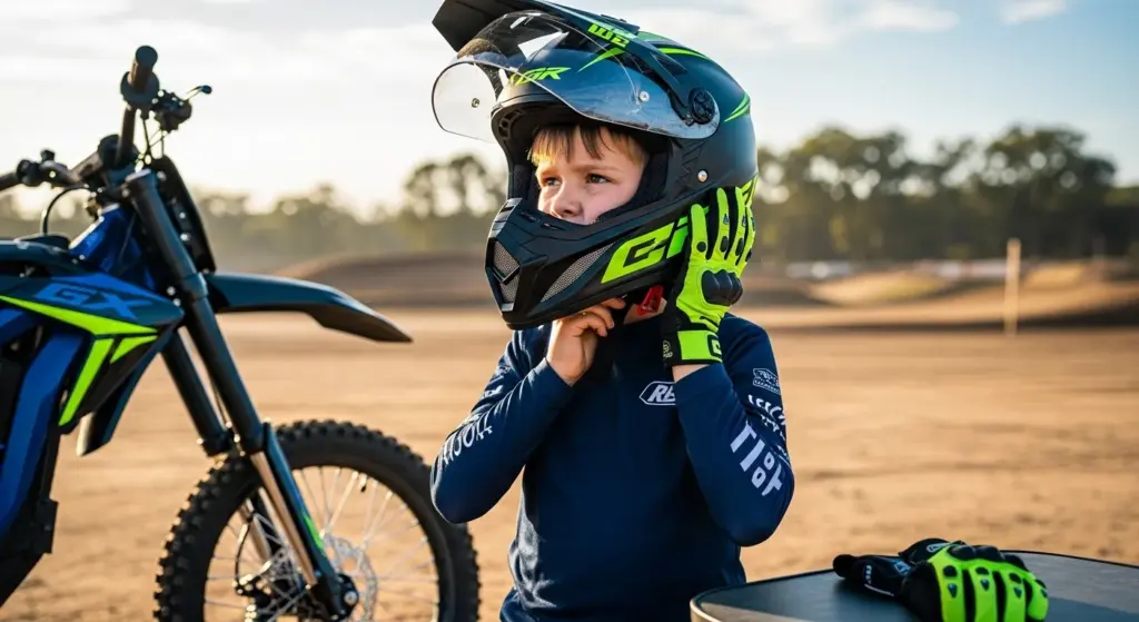 Child gearing up safely for first electric dirt bike lesson