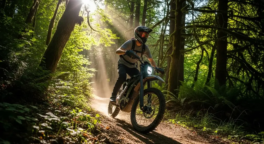 Happy rider enjoying electric dirt bike trail adventure