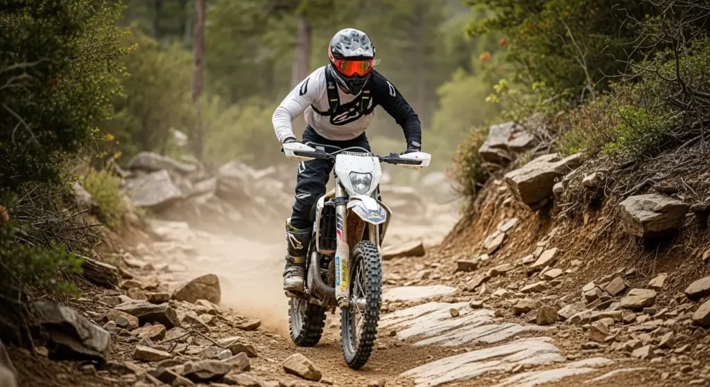Off road dirt bike rider standing on pegs for better control