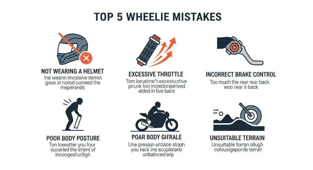 Infographic showing “Top 5 Wheelie Mistakes” with icons (helmet, throttle, brake, posture, terrain)