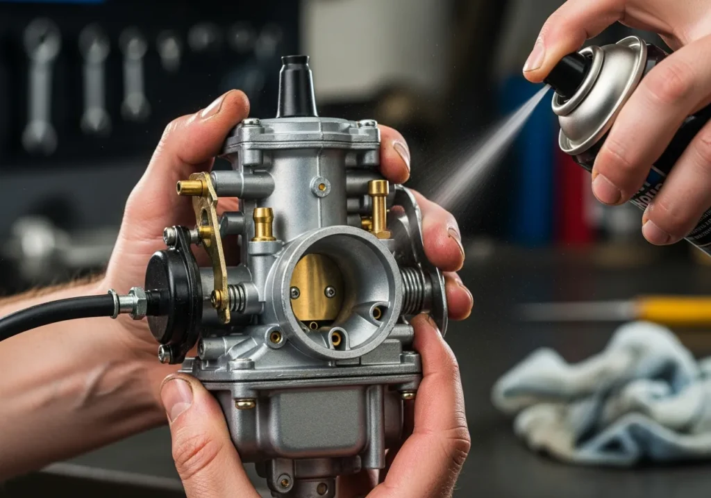 Close-up photo of a dirt bike carburetor being cleaned with carb spray