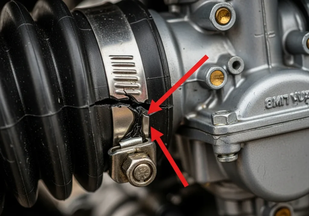 Close up shot of a cracked intake boot or carb clamp on a dirt bike