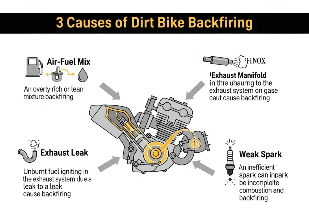 Infographic-style diagram showing 3 causes of dirt bike backfiring