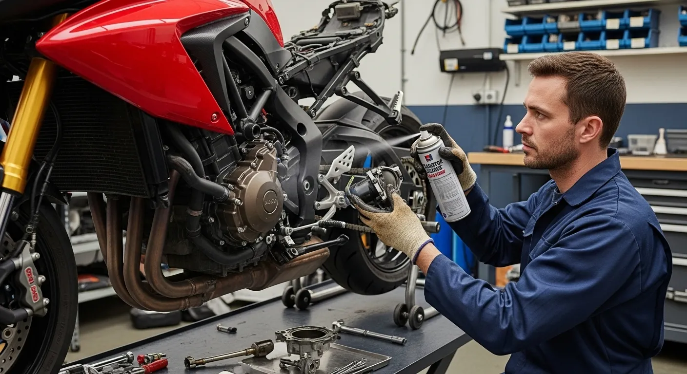 Mechanic checking for vacuum leak with carb cleaner