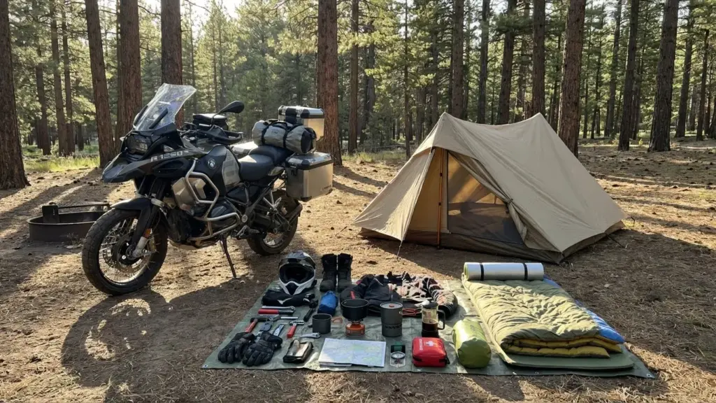 Adventure motorcycle tent setup at a forest campsite with gear neatly laid out