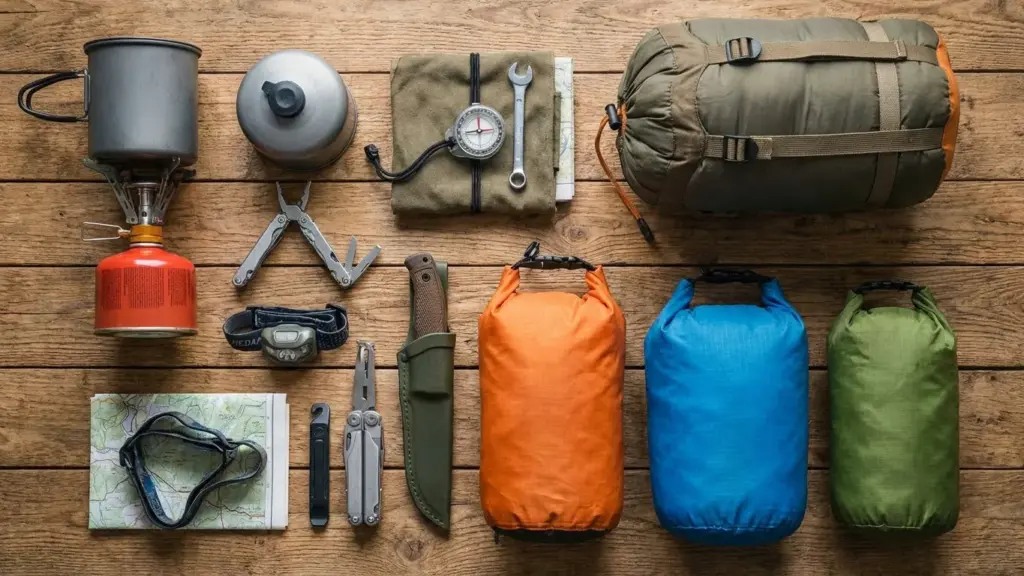 Close-up flat-lay of adventure motorcycle camping gear