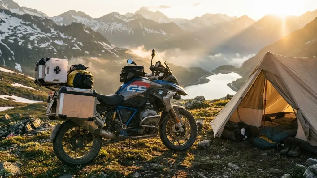 Ultra-realistic photo of an adventure motorcycle parked beside a tent at sunrise