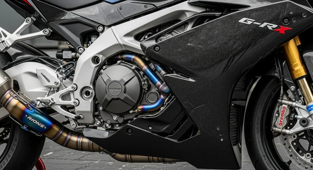 Aprilia RSV4 X-GP Unveiled: The Closest You’ll Get to a MotoGP Bike 2 Close-up of RSV4 X-GP titanium exhaust, carbon fiber fairings, Brembo brakes, with sharp lighting