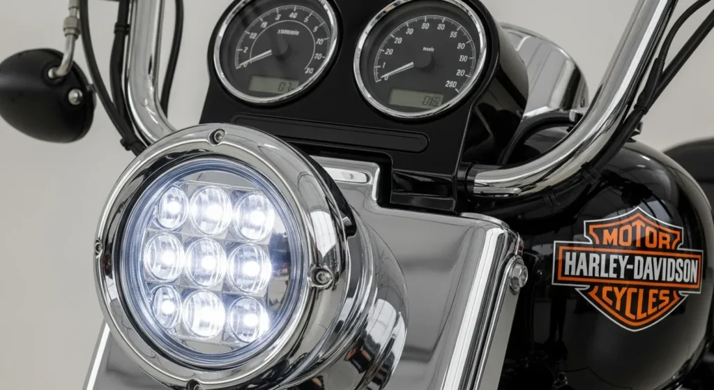 Harley close-up of round LED headlamp