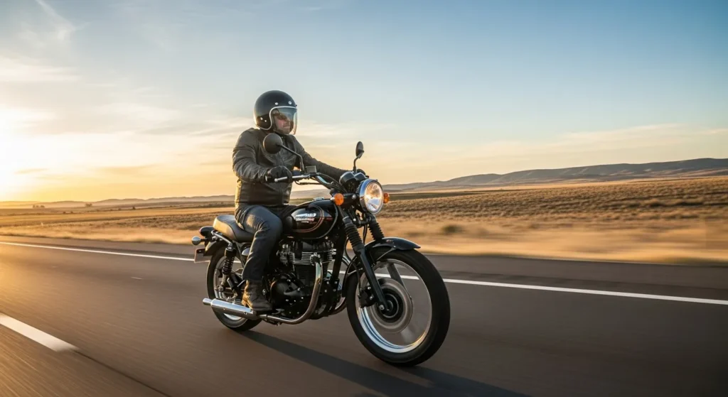 Rider on Kawasaki W230, cruising mid-speed on open U.S. highway