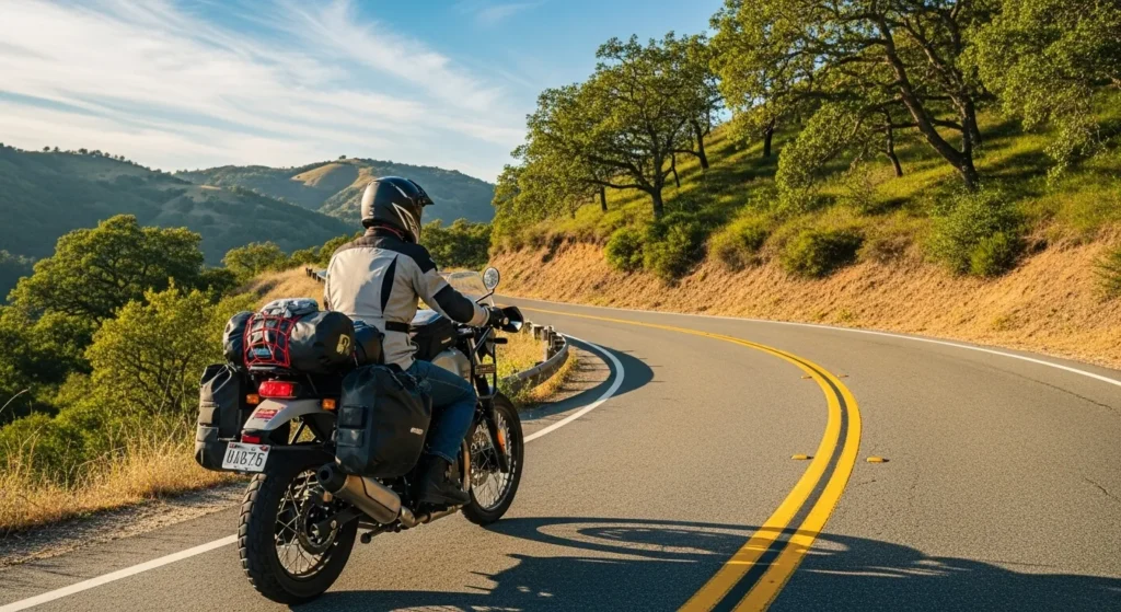 Himalayan 650 Adventure Bike Rumors – Specs, Release Timeline & Competition 3 Rider with Himalayan 650 packed for touring on scenic hillside U.S. road.