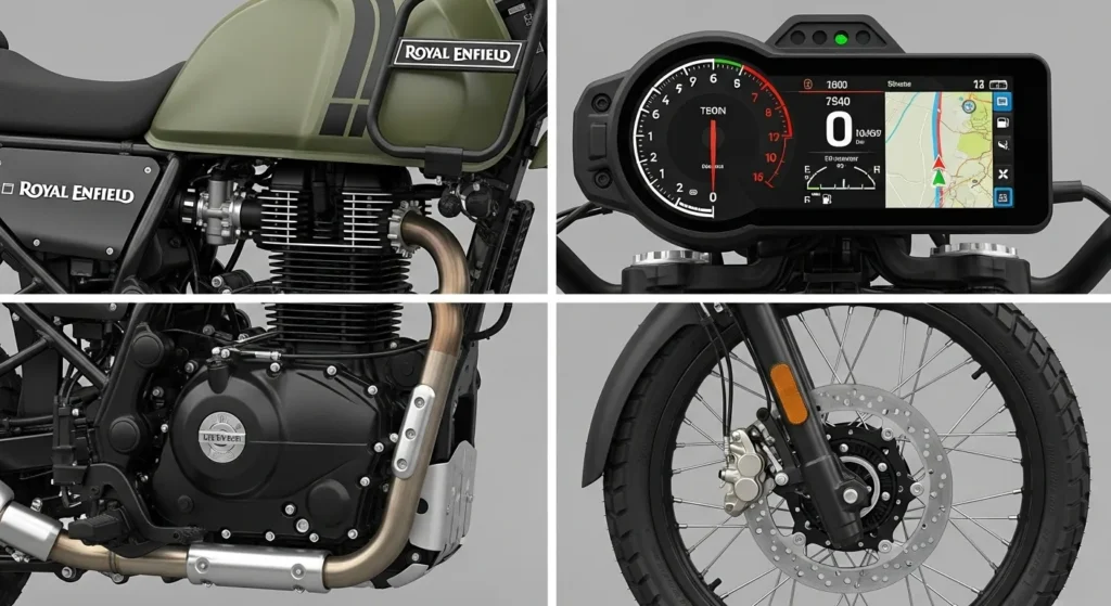 Himalayan 650 Adventure Bike Rumors – Specs, Release Timeline & Competition 2 Royal Enfield Himalayan 650 (mock-up) showing engine, TFT console, fuel tank design, and spoke wheels..140Z