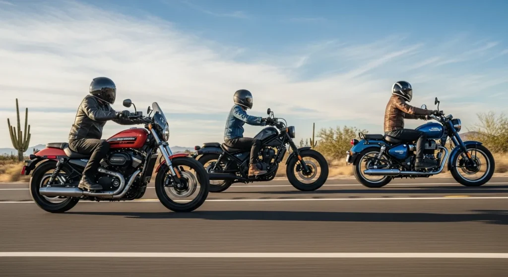 side-by-side render of Harley Sprint 2026 next to Honda Rebel 500 and Royal Enfield Meteor 350