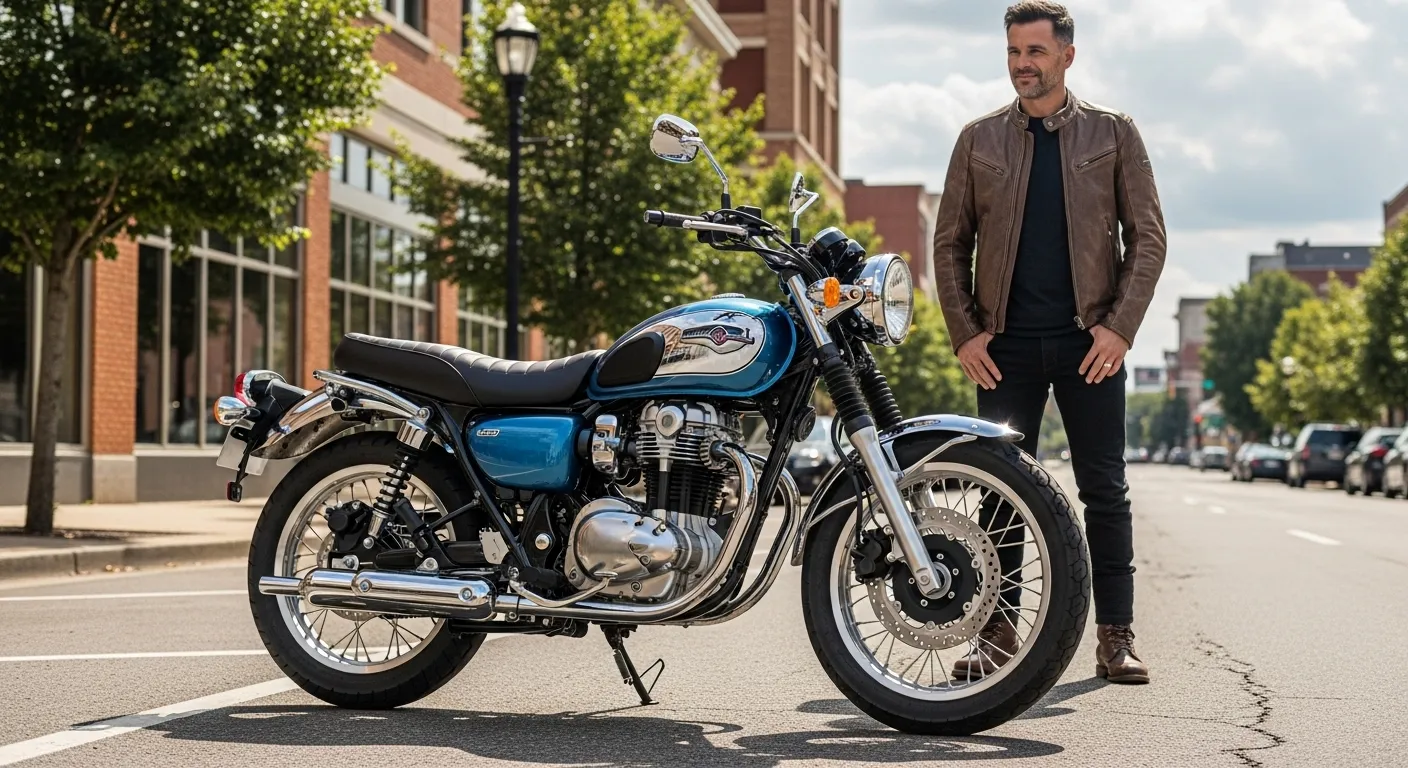 2025 Kawasaki W230 ABS in Metallic Ocean Blue – retro-styled motorcycle launch in USA.