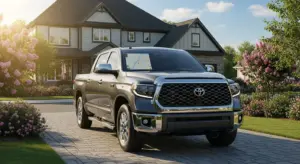 2025 Toyota Tundra rearview camera display on infotainment screen in suburban driveway.