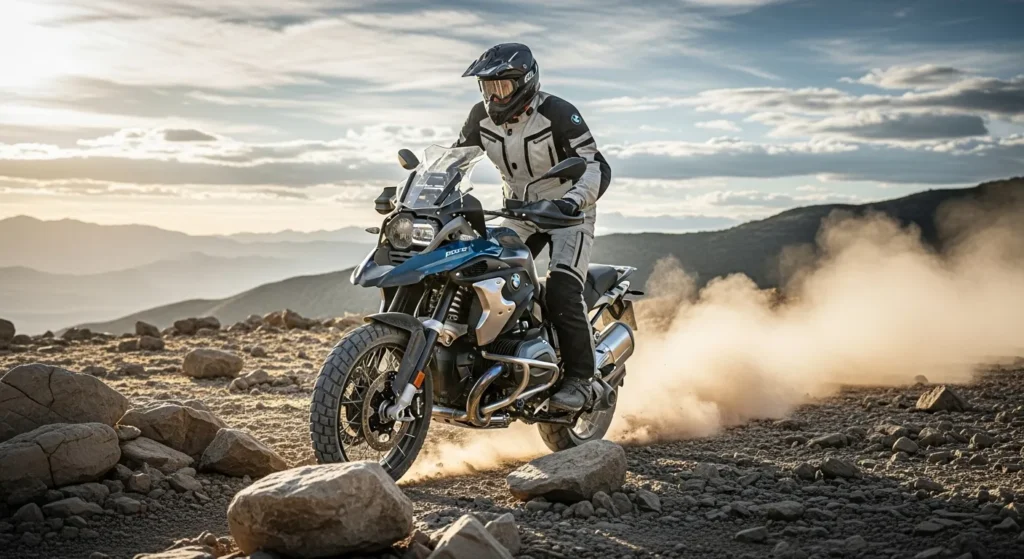 2026 BMW R 12 GS tackling rocky off-road terrain with rider in adventure gear.