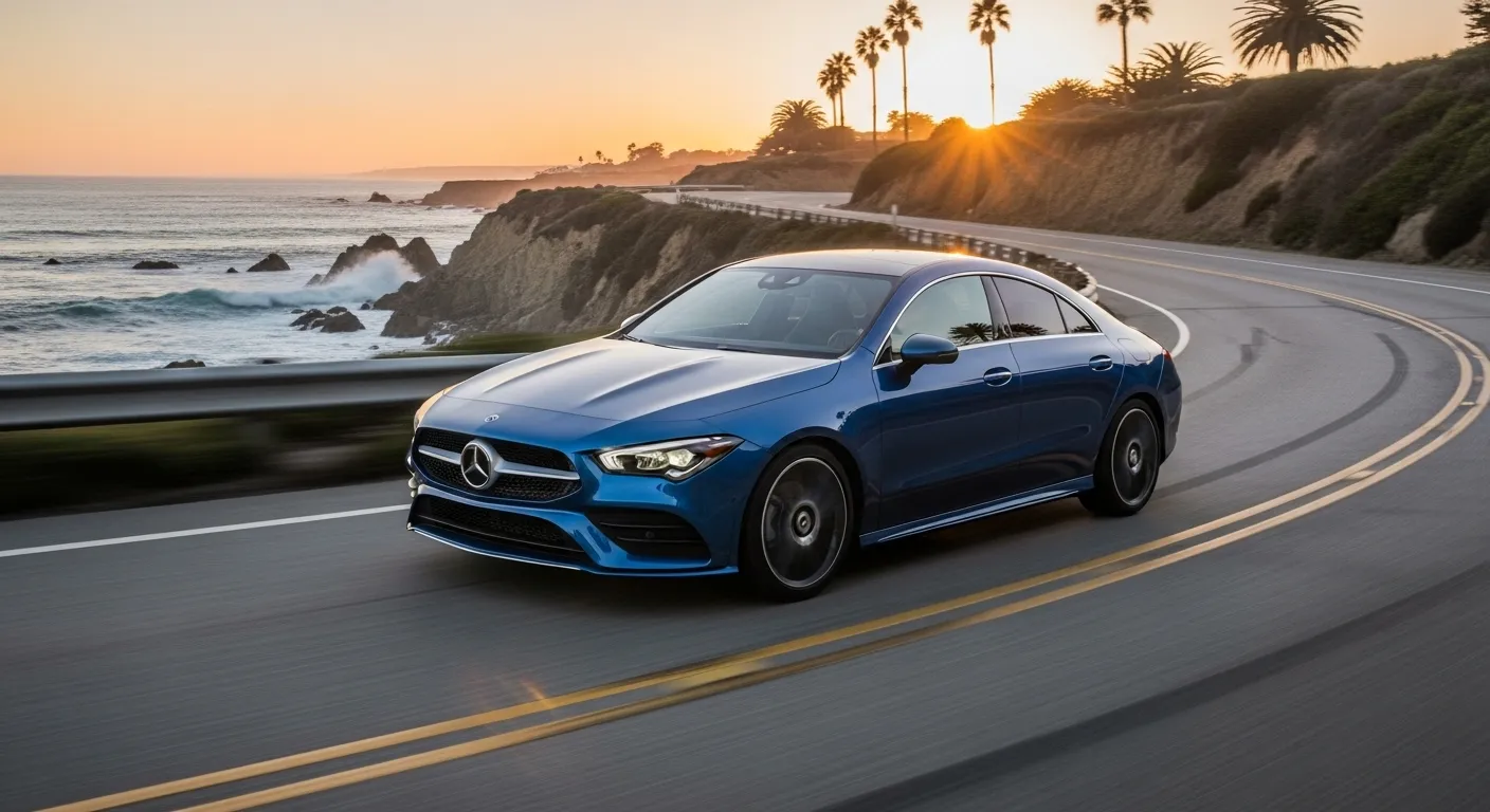 2026 Mercedes-Benz CLA in motion on a scenic coastal highway showing its dynamic performance