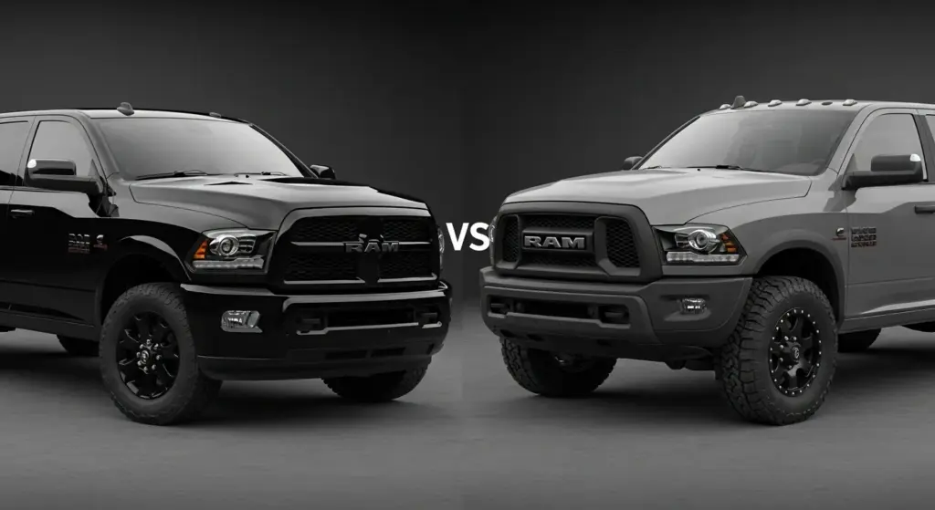 2026 RAM 2500 Black Express and Warlock trims side-by-side showing design differences