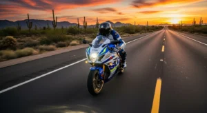 2026 Suzuki GSX-R 40th Anniversary on a U.S. desert highway at sunset
