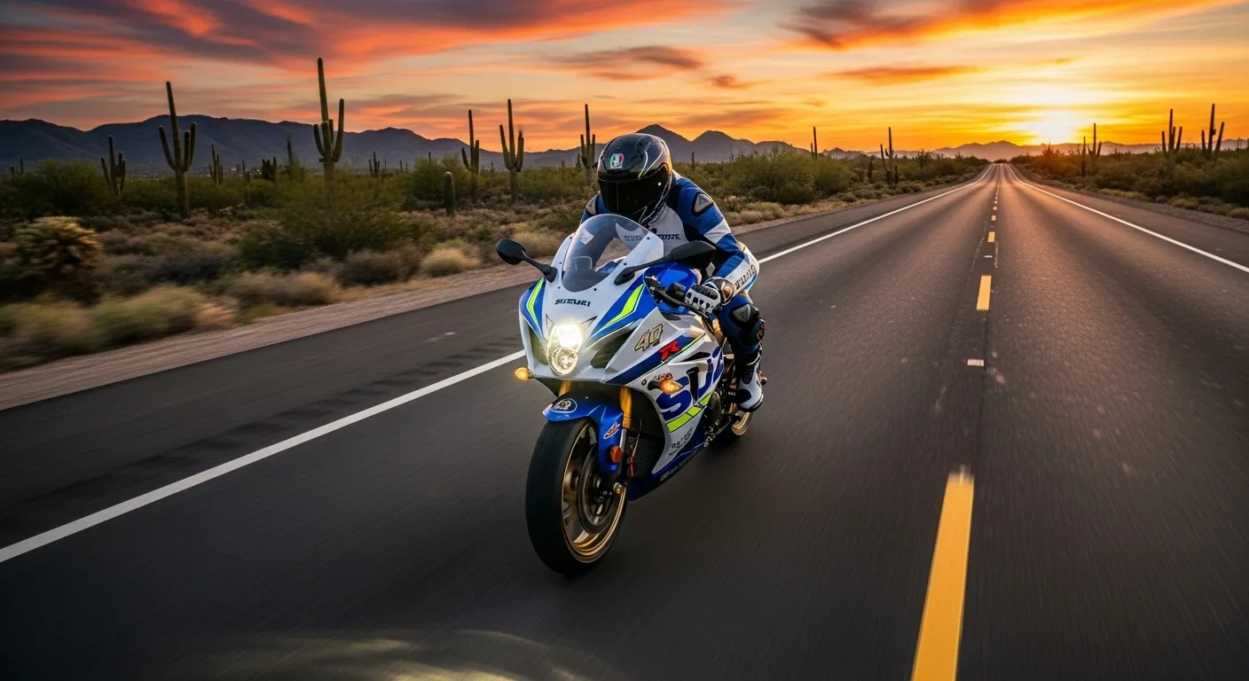 2026 Suzuki GSX-R 40th Anniversary on a U.S. desert highway at sunset