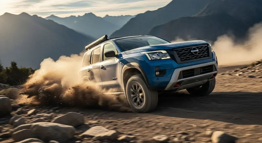 Nissan Revives a Legend: Xterra’s Hybrid Return Sets Internet Buzzing 3 2028 Nissan Xterra hybrid SUV driving through rugged off-road terrain in action