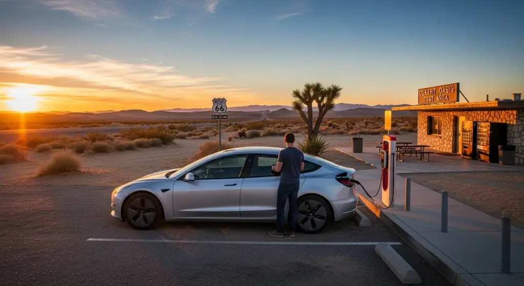 American EV owner charging vehicle during a road trip on Route 66