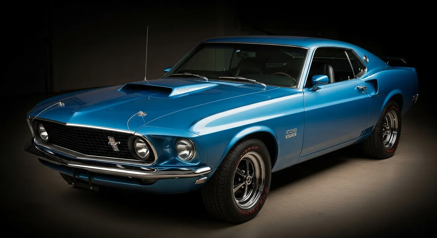 Classic 1969 Ford Mustang Boss 429 in pristine blue finish displayed under bright lights.