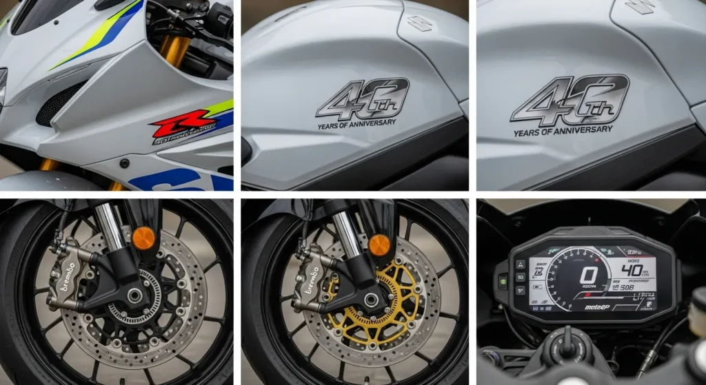 Close-up details of Suzuki GSX-R 40th Anniversary design, graphics and braking system