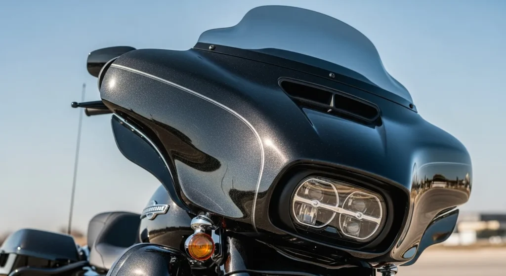 Close-up of the 2025 Street Glide Ultra Batwing fairing and windshield design.