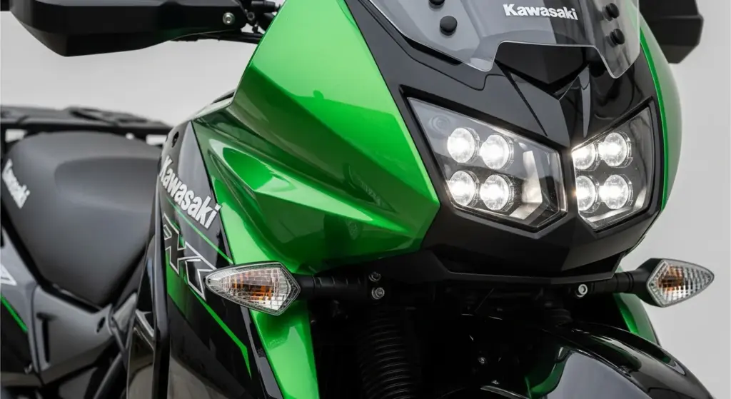 The 2026 Kawasaki KLR 650 Is Back — And It’s Better Than You Think 2 Close-up of the 2026 Kawasaki KLR 650’s new LED headlight and digital instrument panel