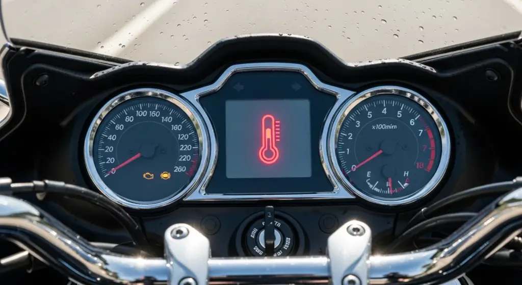 Diagnosing Motorcycle Overheating Problems in Summer 2 Close-up shot of a motorcycle dashboard showing a red temperature warning light glowing in bright daylight