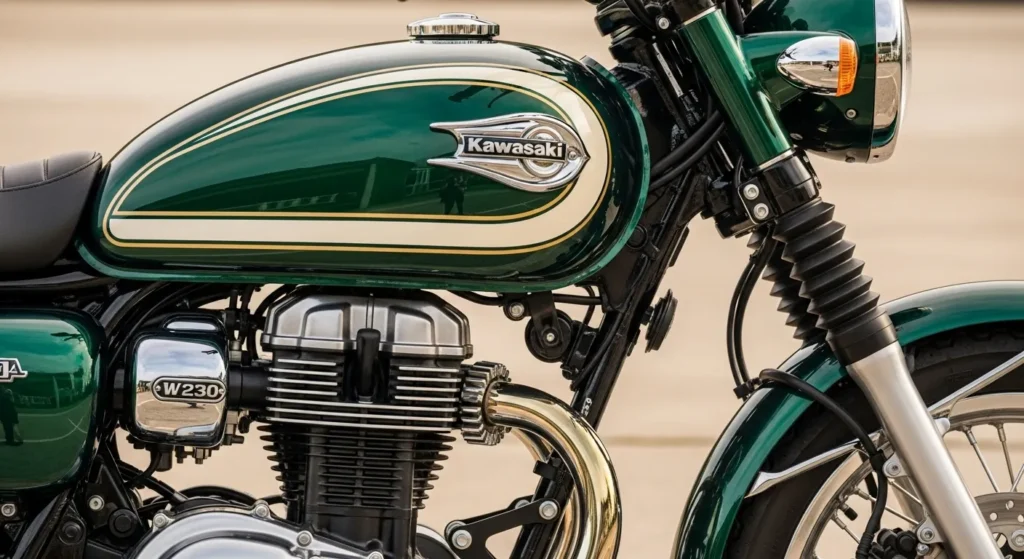 Close-up view of Kawasaki W230 2025 fuel tank, spoked wheels, and classic gauges.
