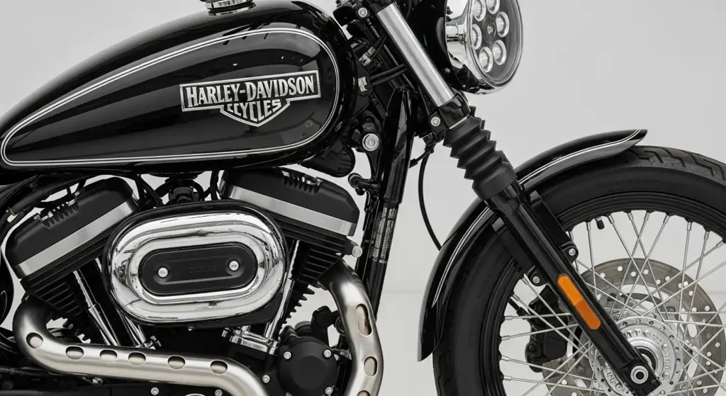 Close-up view of the Harley 400cc’s retro-modern cruiser design with LED headlamp and signature Harley tank badge.