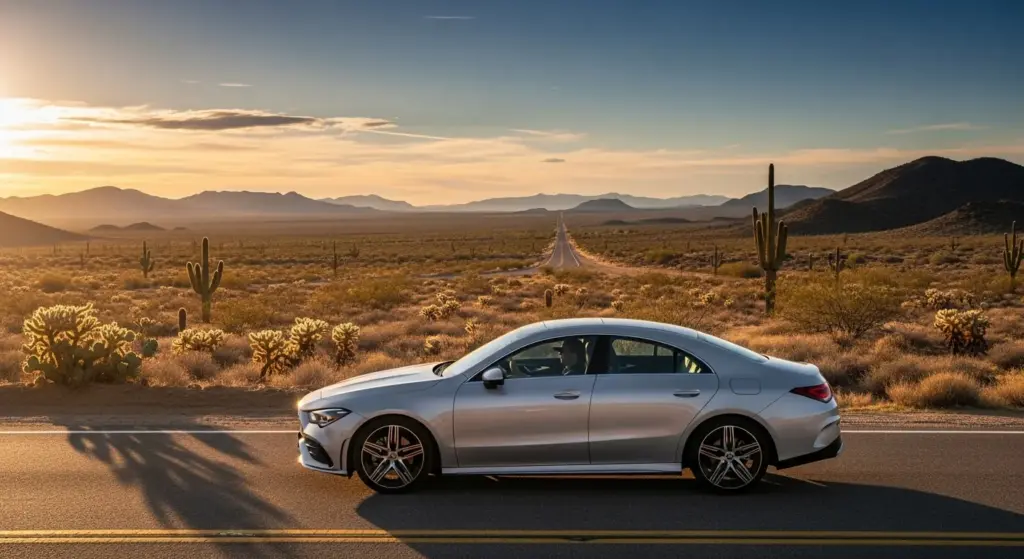 Driver cruising the 2026 Mercedes-Benz CLA on Route 66 at sunset