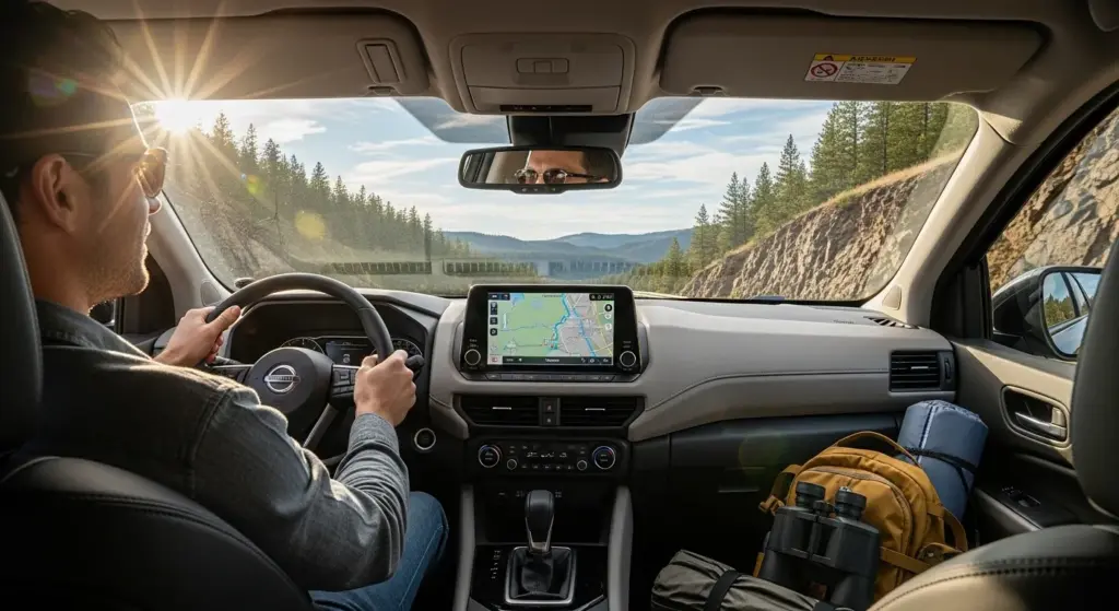 Nissan Revives a Legend: Xterra’s Hybrid Return Sets Internet Buzzing 2 Driver enjoying scenic highway drive inside 2028 Nissan Xterra hybrid SUV with modern interior