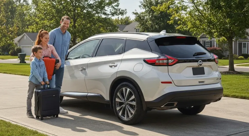 Family with luggage using the 2025 Nissan Murano in a U.S. suburban neighborhood