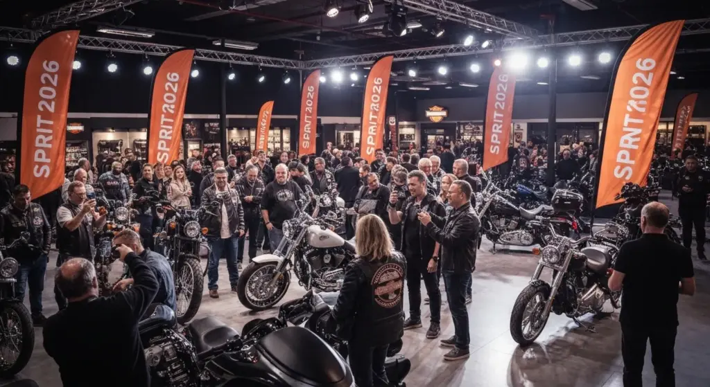 Fans gather at a Harley-Davidson dealership preview event for the upcoming Sprint 2026.