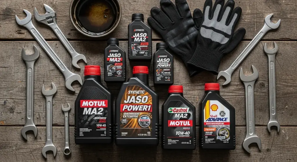 Diagnosing Motorcycle Overheating Problems in Summer 3 Flat lay of synthetic motorcycle oil bottles labeled JASO MA2 with wrenches and gloves on a garage table.