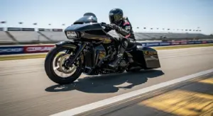 Harley Bagger World Cup 2026 bike on track, action shot, high-speed