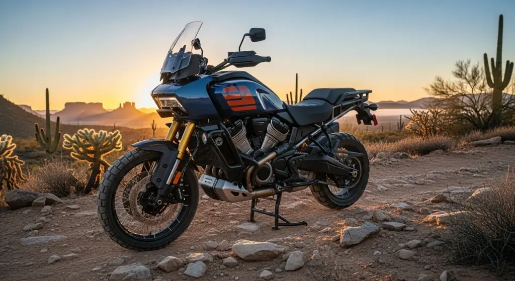 Harley Davidson Pan America 1250 Special 2025 on a desert trail showing new design and Adaptive Ride Height