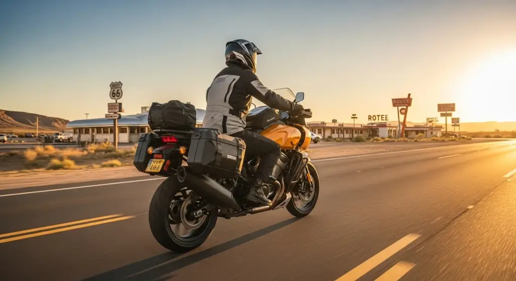 Harley Pan America 1250 Special 2025 cruising on Route 66 at sunset with rider in touring gear