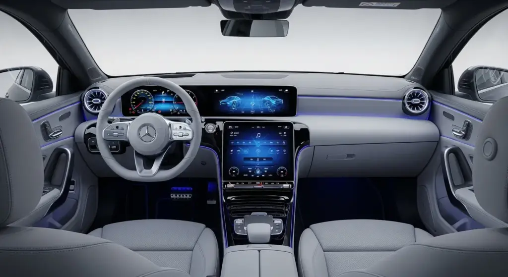 Interior of 2026 Mercedes CLA with MBUX Hyperscreen and AI-powered Mercedes-Benz Operating System.