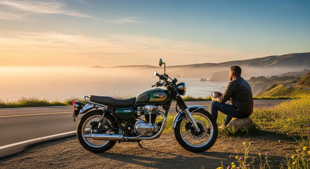 Kawasaki W230 2025 ABS retro motorcycle with rider on California coastal road.