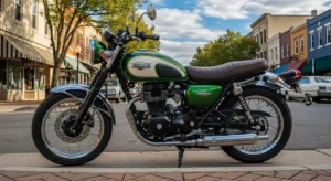 Kawasaki W230 2025 retro-standard motorcycle in USA launch setting with classic styling.